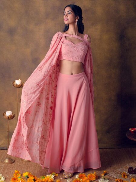 Pink Solid Georgette Lehenga Set - 20103O