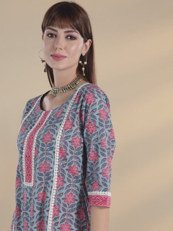 Blue Printed Cotton Kurta - 23357O