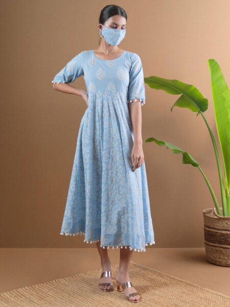 Blue Printed Cotton Dress With Mask - 8925