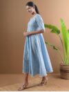 Blue Printed Cotton Dress With Mask - 8925