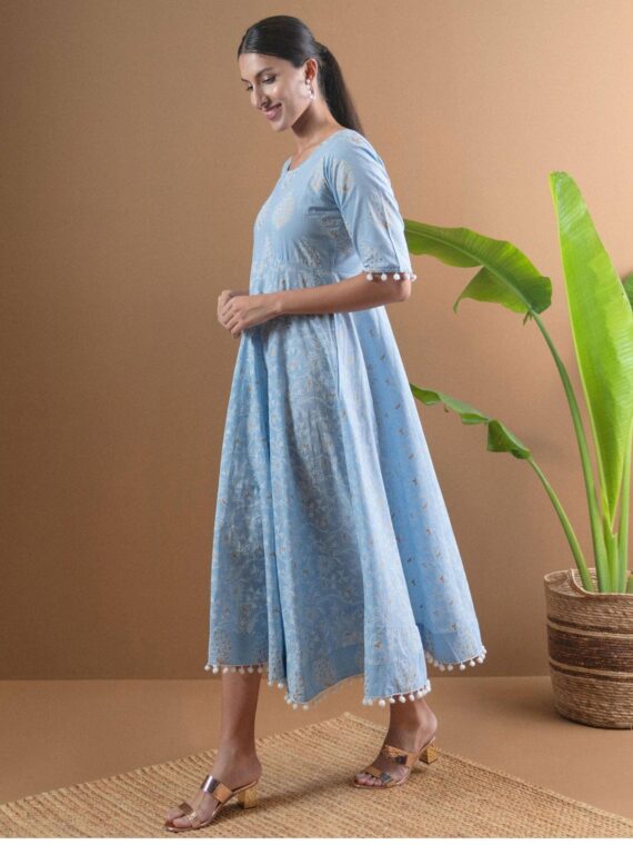 Blue Printed Cotton Dress With Mask - 8925