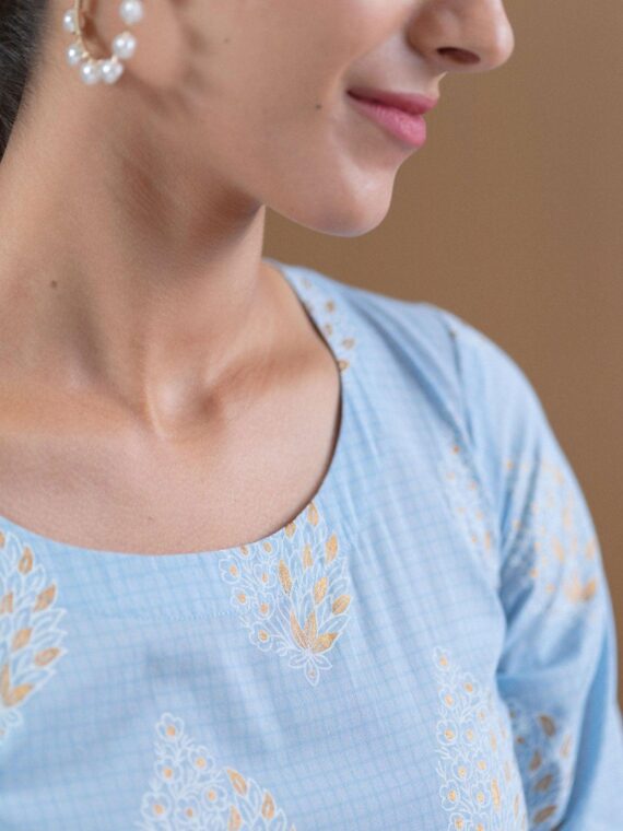 Blue Printed Cotton Dress With Mask - 8925
