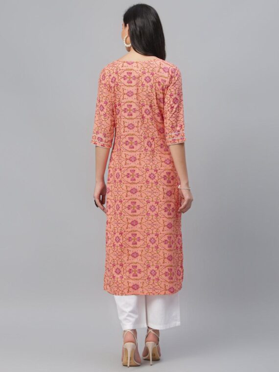 Peach Printed Cotton Kurta - 9107F
