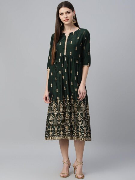 Green Printed Polyester Dress - 9219