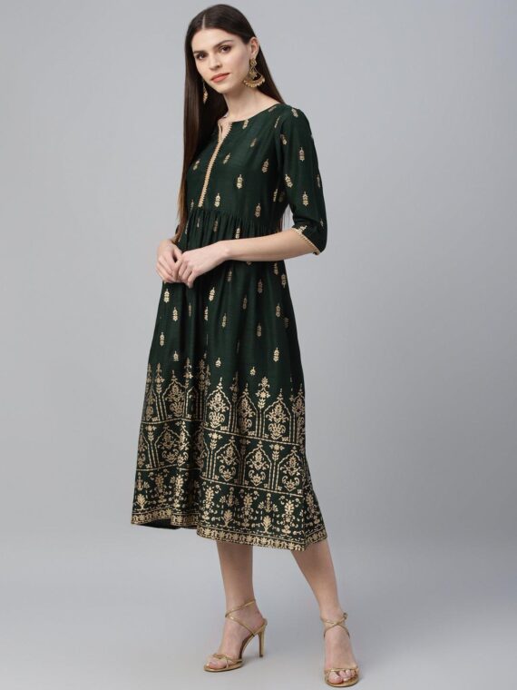 Green Printed Polyester Dress - 9219