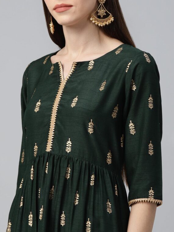 Green Printed Polyester Dress - 9219