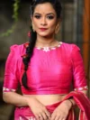 Hot pink raw silk close neck blouse