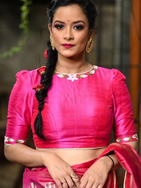 Hot pink raw silk close neck blouse