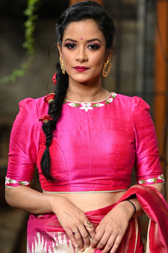 Hot pink raw silk close neck blouse