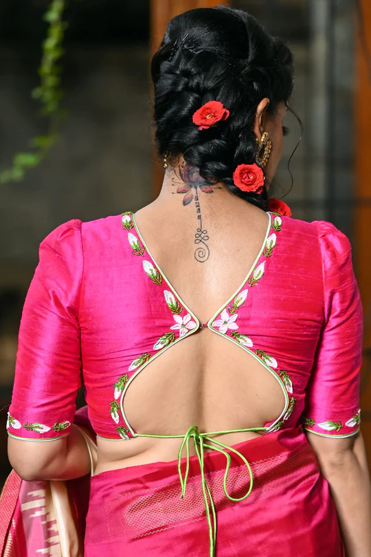 Hot pink raw silk close neck blouse