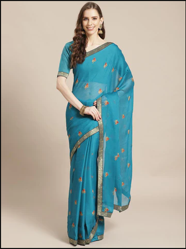 Blue Printed Chiffon Saree - 14071
